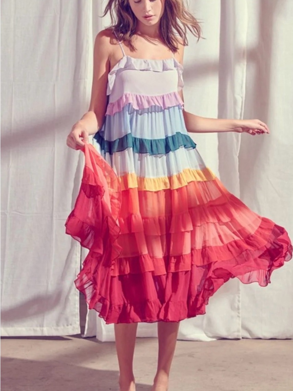 Storia rainbow Chiffon Stripe Ruffle Tiered flowy midi dress Sz L Colorfully